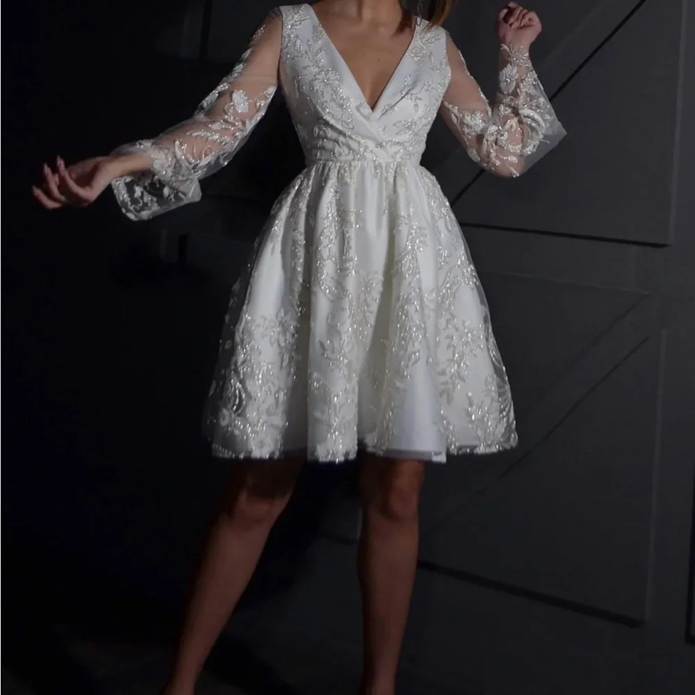 Olivia Bottega Elegant White Glitter Floral Short Wedding Dress - Picture 2 of 5
